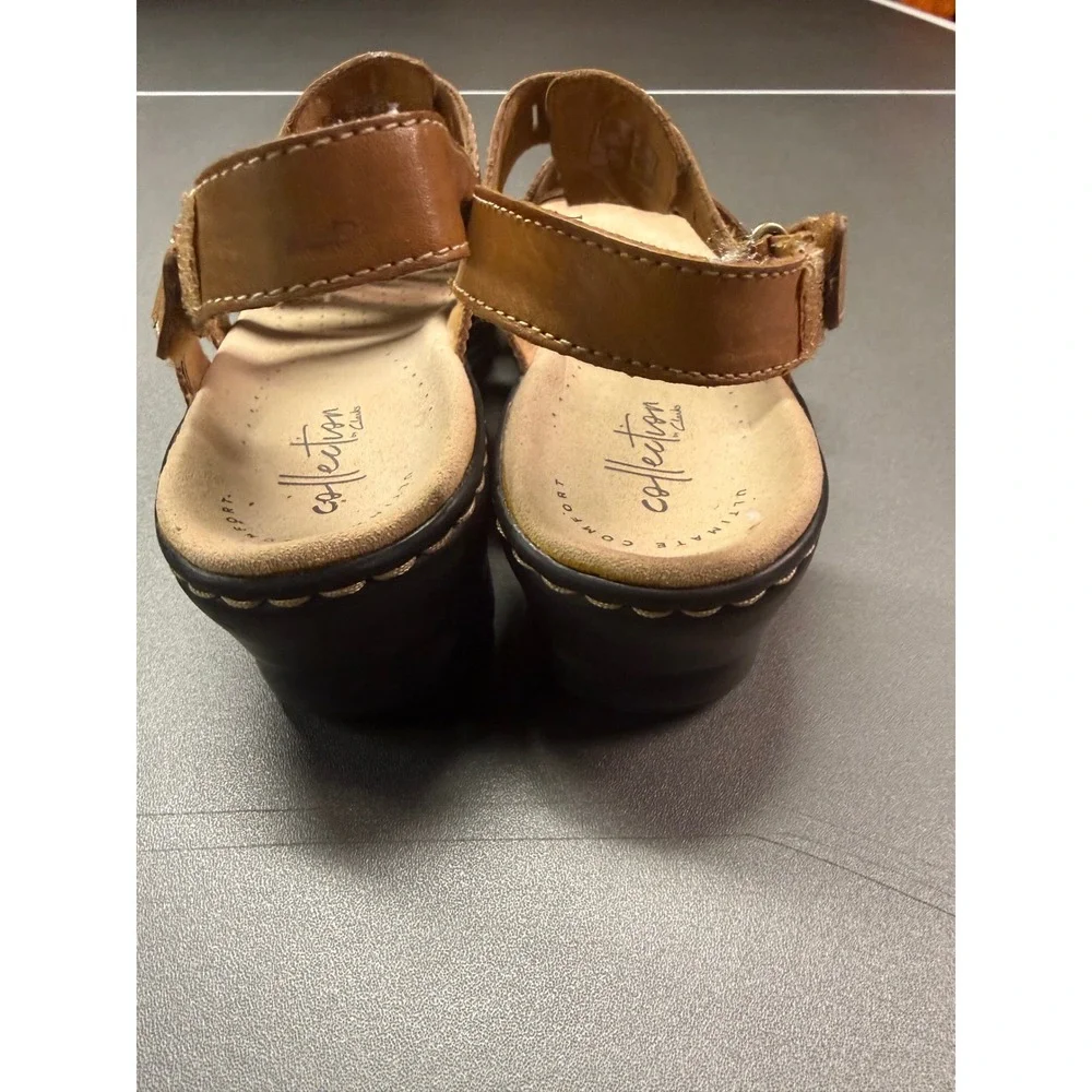 Clarks Collection Tan Brown Leather Strappy Wedge Sandals Laser Cut 26146492 6M